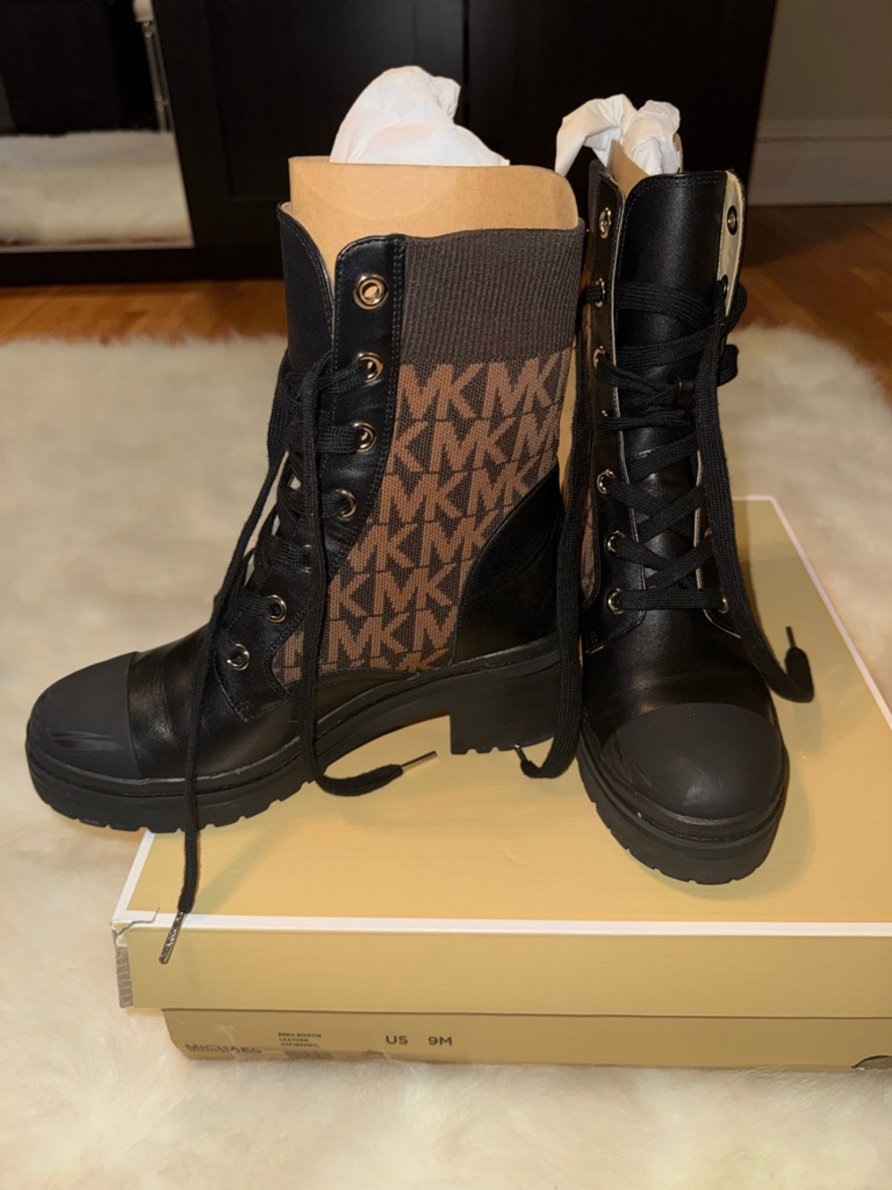 Michael Kors Brea Black and Brown MK Logo Lace-Up Combat Boots